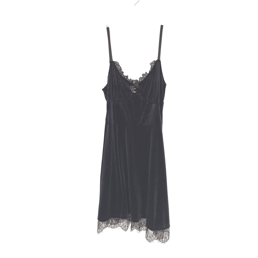 Women's Velvet‎ Black Mini Dress Lace Trim Vamp Whimsygoth Stretch Sleeveless XL